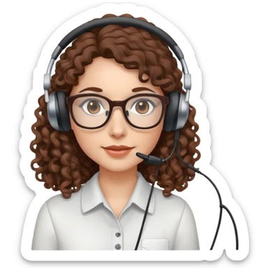 White female  Long Brown curly hair  Dark brown eyes  Small Square glasses  Headset  sticker