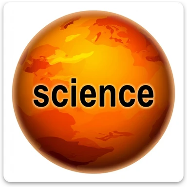 a orange burning planet that has "science" written on it in black letters in a realistic style sticker