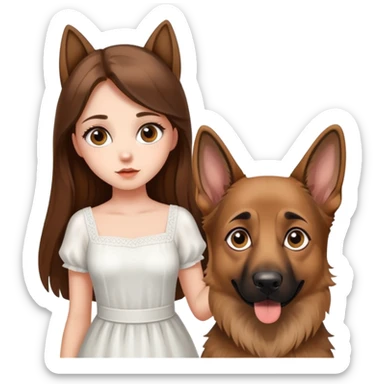 A beautiful girl with big eyes, fair skin, long brown hair with white dress and a German Shepherd dog sticker