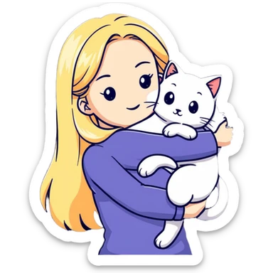 pretty woman with pale skin, very long blonde hair hugging a cat sticker