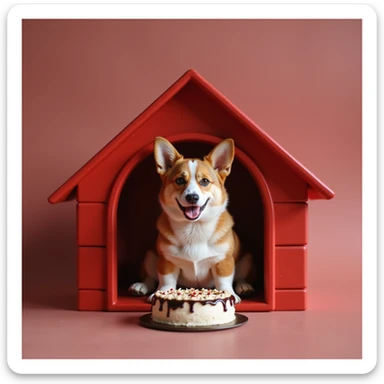 realistic red dog house with a Corgi dog inside, Corgi with a birthday cake, photorealistic style sticker