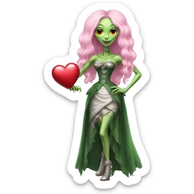 a green alien woman in Victorian white gold, pink hair,holdig, red big hearth, full body sticker