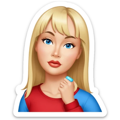 female, wearing red shirt, long mittle-blonde hair with thin bangs sticker