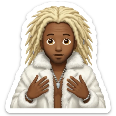 black man with blonde dreadlocks hanging down, wearing an all white fur coat, surrounded by chrome sticker
