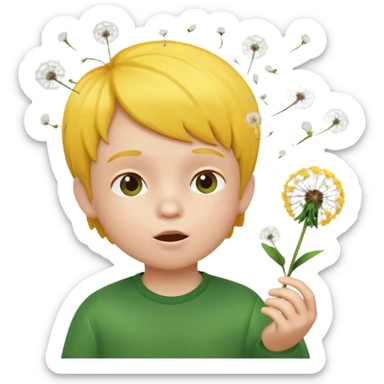 A 3D cartoon child blowing on a dandelion, seeds flying in the air, sunny garden background, realistic Memoji-style. sticker