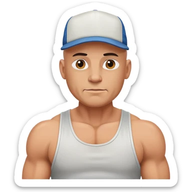 Bald muscle bound man in a tank top, with a trucker hat sticker