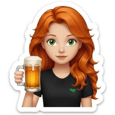 Girl with dark long orange wavy hair, green eyes, and black t-shirt with beer on hand sticker