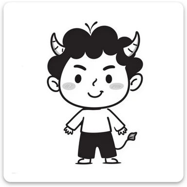 hand-drawn chibi demon with big head, tiny body, cute horns and mischievous smile sticker
