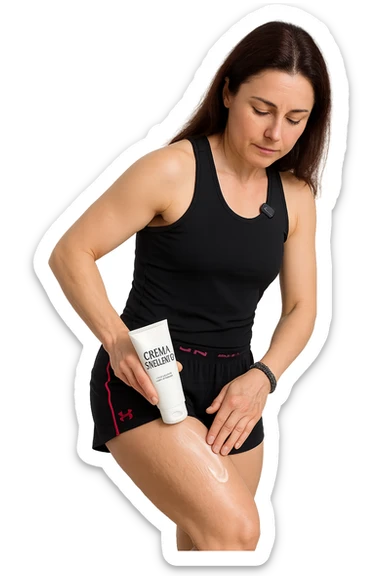Donna con cellulite sulle cosce che usa una crema chiamata "Crema snellente" senza mano in alto sticker