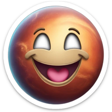 A planet with a happy face and a heart-shaped smile sticker