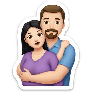Couple, Tall strong white man with brown mustache goatee hugging a chubby short pale woman with long black hair sticker