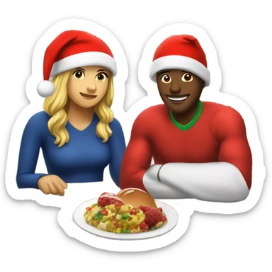 Sports emoji couple, man and woman in sportswear, sitting at the New Year's dinner table with a red Christmas hat sticker