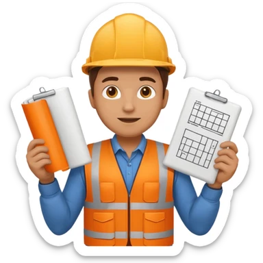 engineer in orange vest and boots, holding a set of plans, emoji style sticker