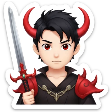 Anime devil boy with black hair, horns, and a sword sticker
