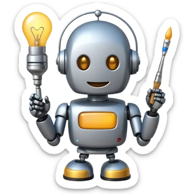 playful 2D cartoon emoji of a smiling robot holding a paintbrush with a glowing lightbulb above its head, clearly indicating AI-assisted creation, in the style of standard Slack emojis sticker