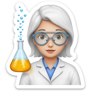 A person wearing safety goggles and a white coat is experimenting with chemicals. sticker