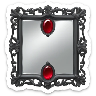 "A Victorian-era Gothic mirror with a black frame, gray-tinted glass, and a red ruby accent."
 sticker