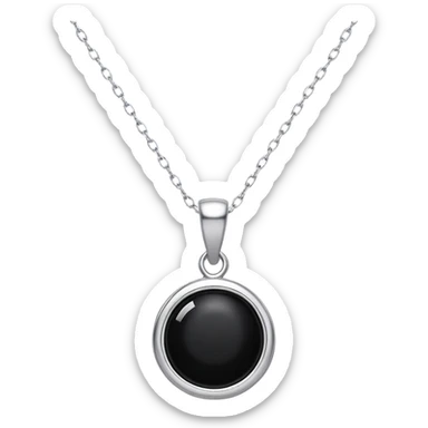 black onyx pendant with a faint white glow emerging from its center, symbolizing hidden power, on a delicate silver chain that flows like liquid sticker