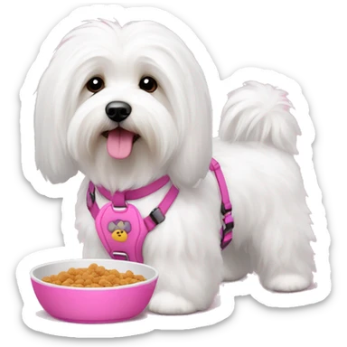 Long haired Coton de Tulear dog with pink harness and pink hair clip, pink dog bowl with kibbles sticker