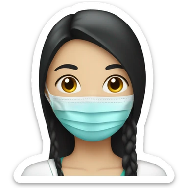 White skin woman with black straight long hair wearing medical mask   sticker