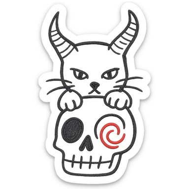 Add a black cat with large demon horns, front paws resting on the skull, hand drawn style with bold lines, no fill, preserve the red spiral on the cheek, transparent background. sticker