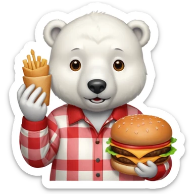 polar bear with burger wearing red checkered shirt sticker