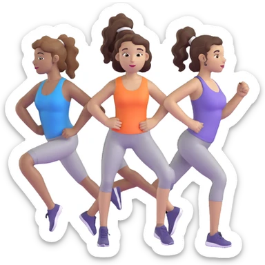 three women friends exercising together, one black woman with curly brown hair, one pale white woman with curly brown hair, and one pale white woman with straight brown hair in a ponytail sticker