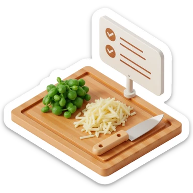 Ingredients on teh wooden cutting board with floating list with check box sticker
