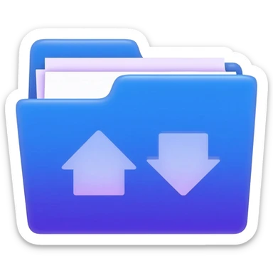 "A blue digital folder placed over a regular file folder, with a soft purple glow effect and an arrow indicating file upload and download with japan word." sticker