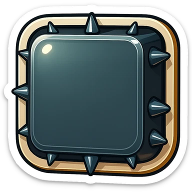 Add more short, fat spikes evenly spaced along each visible side edge of the metal slab, avoiding placing spikes on the corners. Keep the large front face blank. Maintain the retro sticker style with a transparent background. sticker