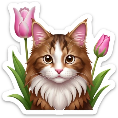 A cute  little  brown and white Maine coon and Pink tulip sticker