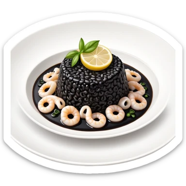 cinematic-realistic-black-risotto-dish-emoji,-showcasing-small squid pieces in black sauce -rendered-with-bold-textures-and-dynamic,-dramatic-lighting in a white plate with a grilled lemon on top sticker