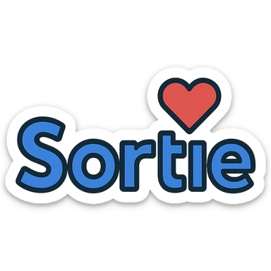 the word 'Sortie' stylized like a logo with a minimalistic and discreet heart, transparent background sticker