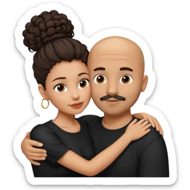 A picture of a tanned couple embracing. the man is a Mexican man with tanned skin, a bald hair cut, short beard and wearing a black shirt. the woman is mixed, with curly dark brown hair in a big messy bun and with big boobs  sticker