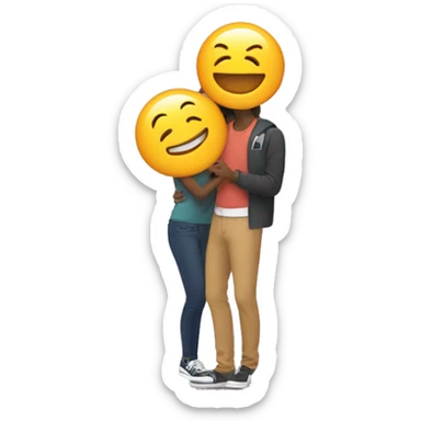 A person excitedly tagging a friend with a digital "tag" attached, both smiling broadly. sticker