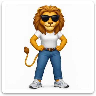 Add trainers (athletic shoes) to the friendly anthropomorphised female lion character, full body, standing confidently with legs shoulder width apart and hands on hips, wearing jeans, a white t-shirt, and dark sunglasses, with a confident smile in Apple emoji style sticker