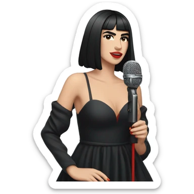 Dua Lipa, full body with black hair, wearing a long black dress with red shoes, singing with microphone in her hand sticker