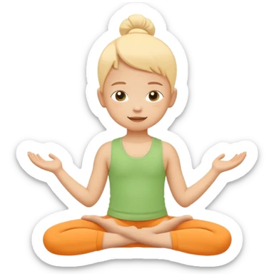 Flat illustration emoji of a small child practicing yoga, simple pose, calm and happy expression, soft pastel colors (yellow, green, soft orange), rounded shapes, minimal details, child-friendly, gentle and warm style, vector illustration, no background, cohesive style with kindergarten branding sticker