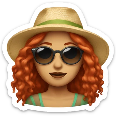 Woman with long red hair, sunglasses, and a beach hat sticker