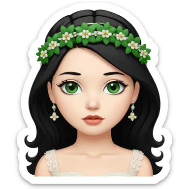 black haired green eyes very plump lips and floral bride headband that makes her hair look behind nicole peltz at wedding sticker