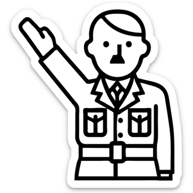 Make the man have his right hand raised at a 45 degree angle, and make the square moustache smaller, keep the brown soldier uniform, no background. sticker