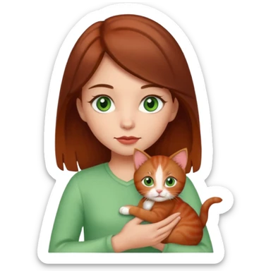 A girl with green eyes and brown hair is holding a red kitten sticker