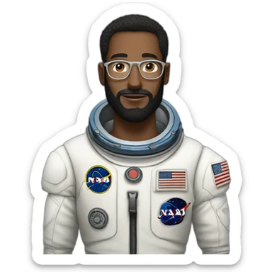 caucasian black-bearded astronaut with man-bun and white-glasses sticker