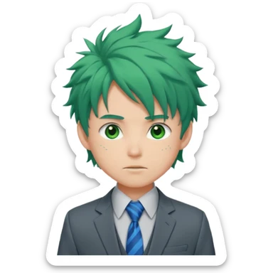 deku : boy anmie green hair green eyes in a ua gray jacket and blue tie suit with frenkles messy hair sticker