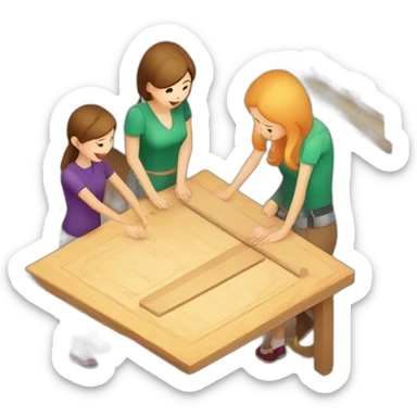 isometric square transparent solid outline border containing indoor woodworking teacher with student teaching in creative workshop on long table sticker