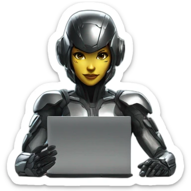 Girl developer behind his laptop with this style : Crytek Crysis Video game with nanosuit character hacker themed character sticker