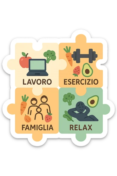 Puzzle (Lavoro, Esercizio, Famiglia, Relax), in lavoro metti icona di un PC, in Esercizio un Manubrio, in Famiglia una famiglia, in Relax qualcuno che riposa and healthy foods are integrated into each piece. in italiano sticker