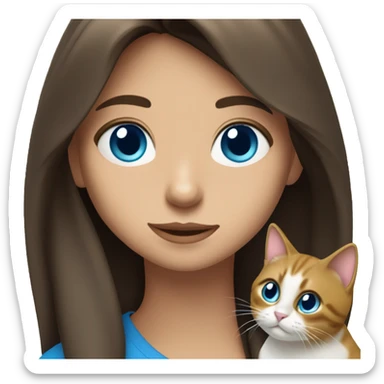 Brunette Girl with Long hair, Blue eyes and cuddeling a three-coloured Cat  sticker