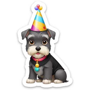 A schnauzer dog wearing a colorful birthday hat sticker