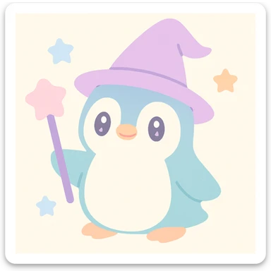 penguin wizard, magical staff, wearing a pointed hat, fantasy, vibrant colors, cute whimsical style sticker